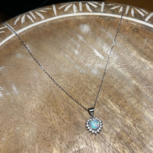 Lab Fire Opal & CZ 925 Sterling Silver Heart Necklace - Picture 2 of 12